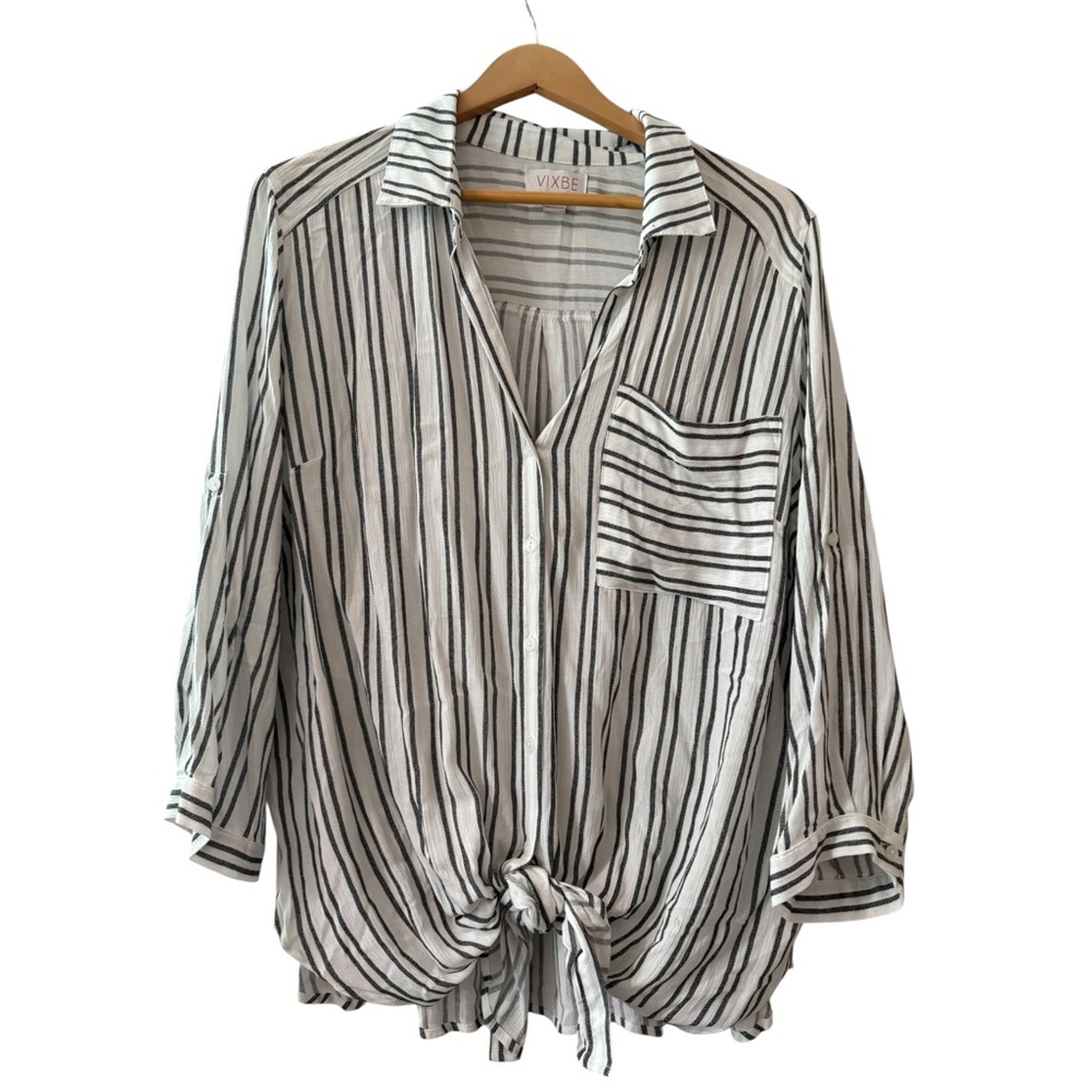 Black and White Relaxed Button Down Shirt with Tie Front